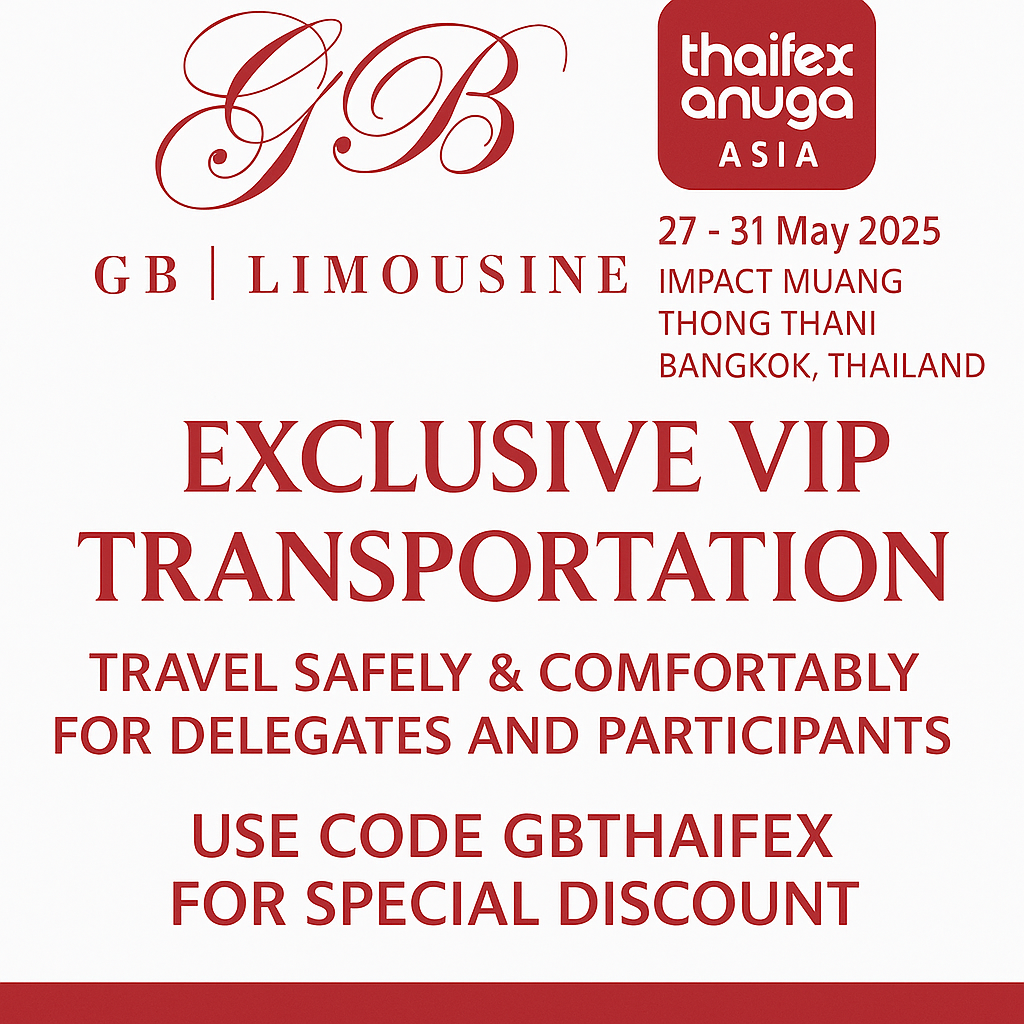 🚘 GB Limousine – Official VIP Transport Partner of THAIFEX – Anuga Asia 2025 🇹🇭 We are proud to be the exclusive VIP transportation provider for THAIFEX – Anuga Asia, taking place 27–31 May 2025 at IMPACT Muang Thong Thani, Bangkok. ✨ Travel in style, safety, and unmatched comfort with GB Limousine – the trusted choice for global delegates and elite professionals. 🛬 Whether you're arriving from the airport, heading to the exhibition halls, or attending private functions, our chauffeurs ensure punctual, discreet, and luxurious service every step of the way. 🎟️ Special Offer for THAIFEX Participants: Use code GBTHAIFEX to receive an exclusive discount on all bookings during the event. 📍 Book now to secure your VIP experience: [Insert Booking Link or Contact Info] #GBLimousine #THAIFEX2025 #VIPTransport #BangkokEvents #LuxuryMobility #TravelInStyle #BusinessClassOnWheels